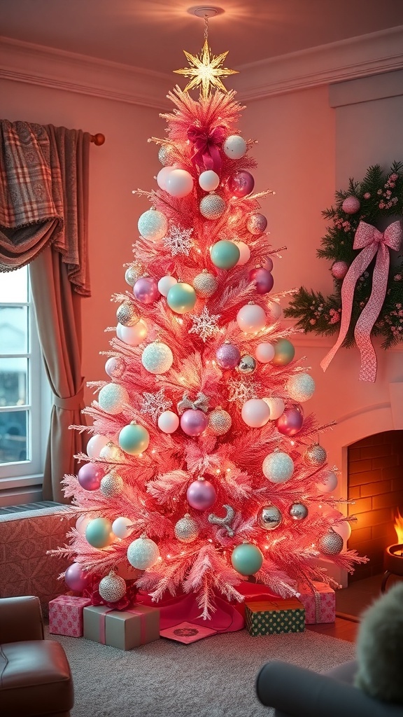 50s Inspired Pink Christmas Aesthetic A vintage-inspired Christmas tree in pink and mint green with retro ornaments in a cozy living room.